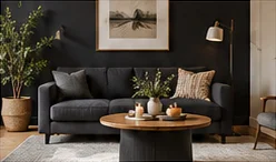 Charcoal living room wall behind a dark sofa with a light rug and warm wooden table