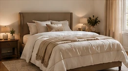 Warm neutral bedroom with layered cream linen and two softly glowing bedside lamps
