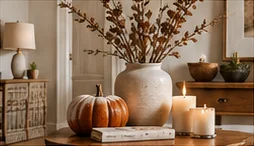 Autumn branches in a cream vase beside a pumpkin, stacked books, and candles