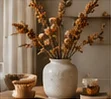 Tall vase of golden autumn leaves on a warmly styled wooden table