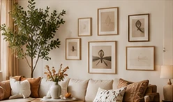 Neutral living room gallery wall with botanical prints in warm wooden frames