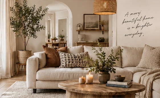 A welcoming cream living room with linen cushions, a wooden coffee table, olive branches, and a woven pendant light