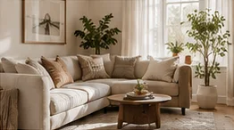 Airy small living room with a linen sectional, greenery, and a round wooden coffee table