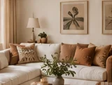 Cream sofa layered with terracotta cushions and natural textures