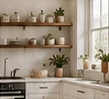 Open kitchen shelves with neutral pottery and everyday dishes