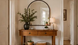 Slim oak entryway table, a round mirror, and a vase of green branches